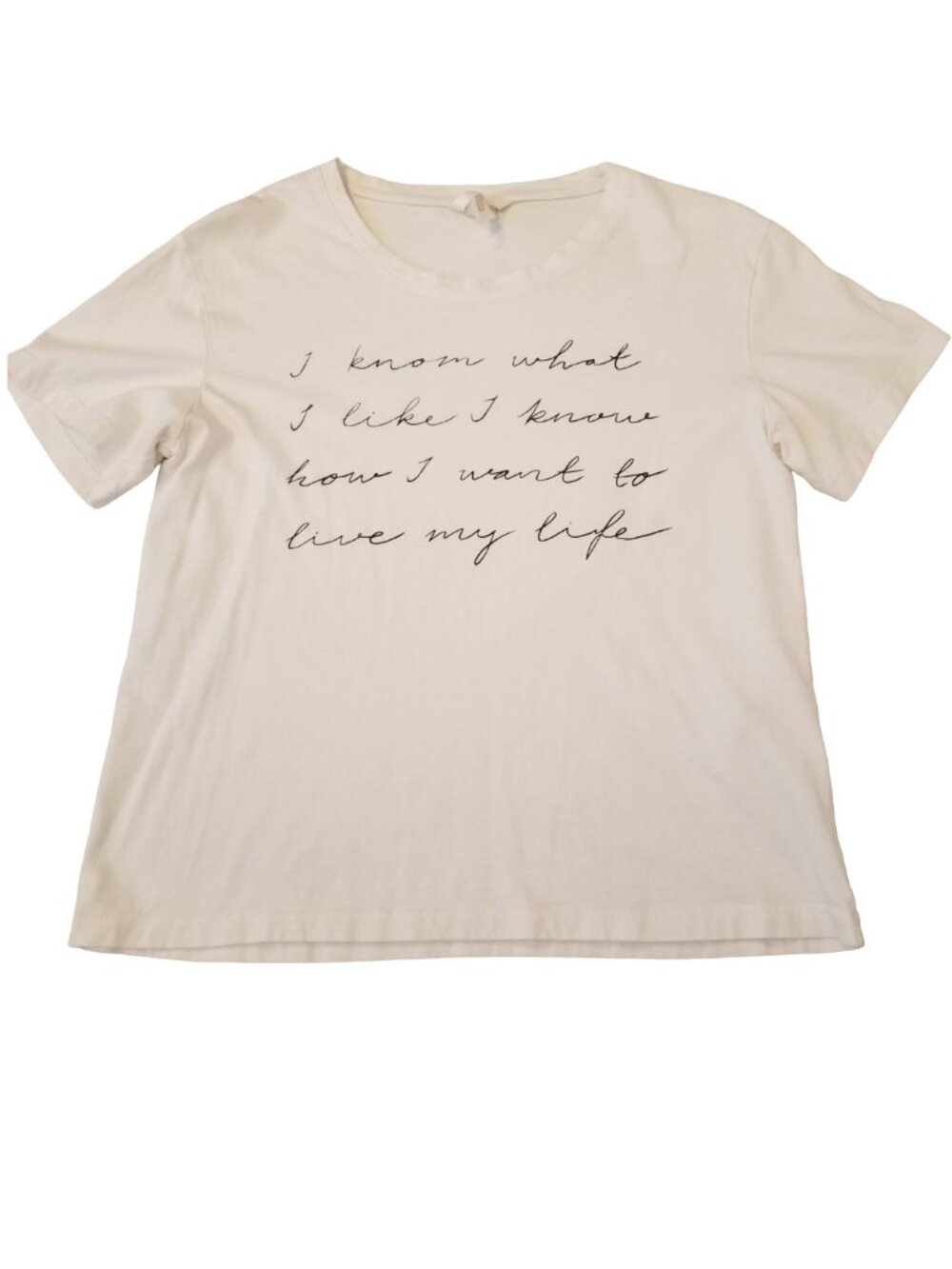 100% Cotton White T-Shirt Medium Women Graphic Cursive Writing Loose Relaxed Fit